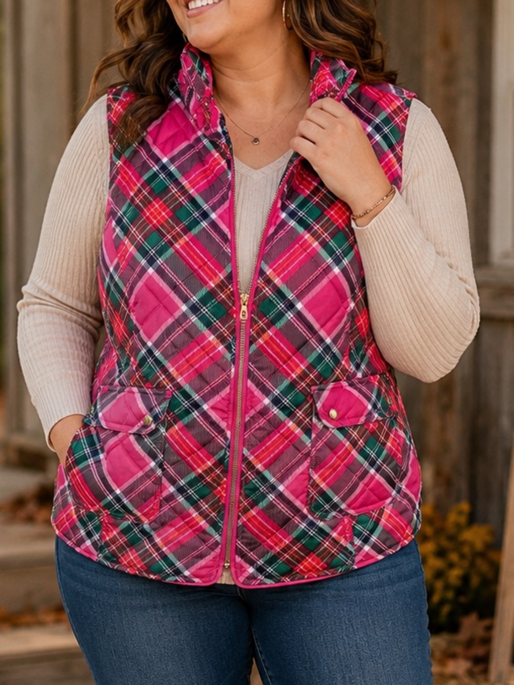 Crown & Ivy- NWT Pink Quilted Plaid Puffer Vest Size XL